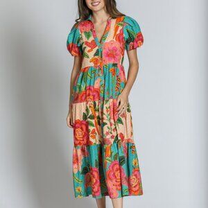 NWT APNY Mixed Print Long Tiered Dress - Turquoise Multi